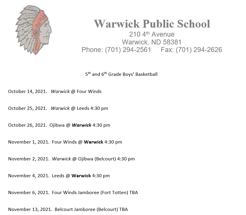 5th and 6th Grade Boys Basketball Schedule | Warwick Public Schools