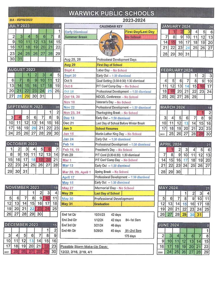 School Year Calendar | Warwick Public Schools