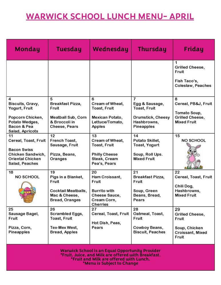 April Lunch Menu
